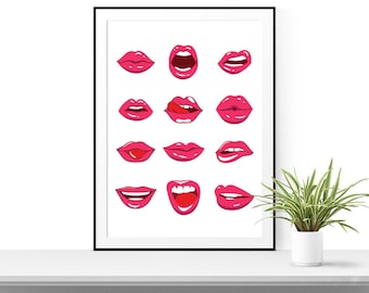 Lips Art Print, Lips Poster Art, Quirky Poster, Creative Decor, Girly Bedroom Home Decor, Simple Minimalism Wall Art 174