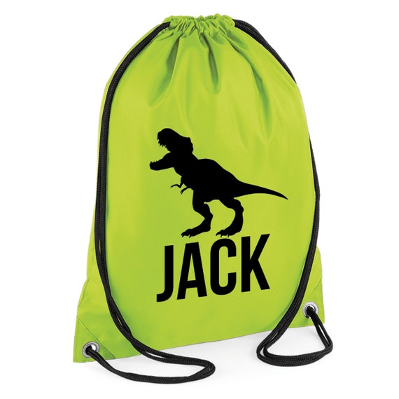 Personalised Green Dinosaur Boys Girls Kids PE Swimming School Drawstring Bag 