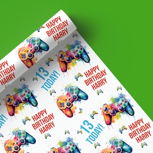 Personalised Gaming Wrapping Paper, Colourful Birthday Gamer Gift Wrap, Custom Name & Age, Gaming Controller Printed Gift Wrap 48
