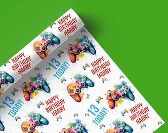 Personalised Gaming Wrapping Paper, Colourful Birthday Gamer Gift Wrap, Custom Name & Age, Gaming Controller Printed Gift Wrap 48