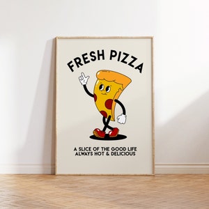 Fresh Pizza Retro Postać Wydruk, Zabawny Wydruk Kuchenny, Retro Fast Food, Pizza z Kreskówek, Zabawny, Sztuka Ścienna Kuchenna, Kawałek Pizzy Humor Sztuka 2328