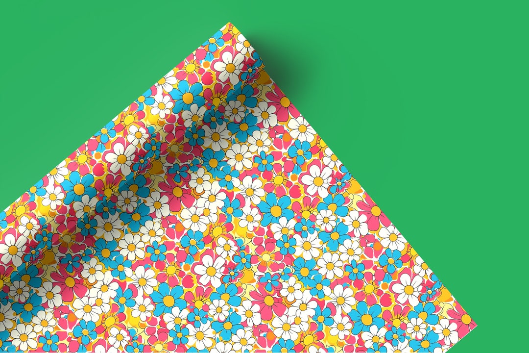 Blue and Pink Colourful Retro Vintage Floral Pattern Wrapping Paper ...