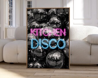 Impressão de arte de parede de discoteca de cozinha, pôster retrô de arte de parede de cozinha, arte de discoteca para cozinha, impressão de arte retrô, decoração peculiar, texto neon 2313