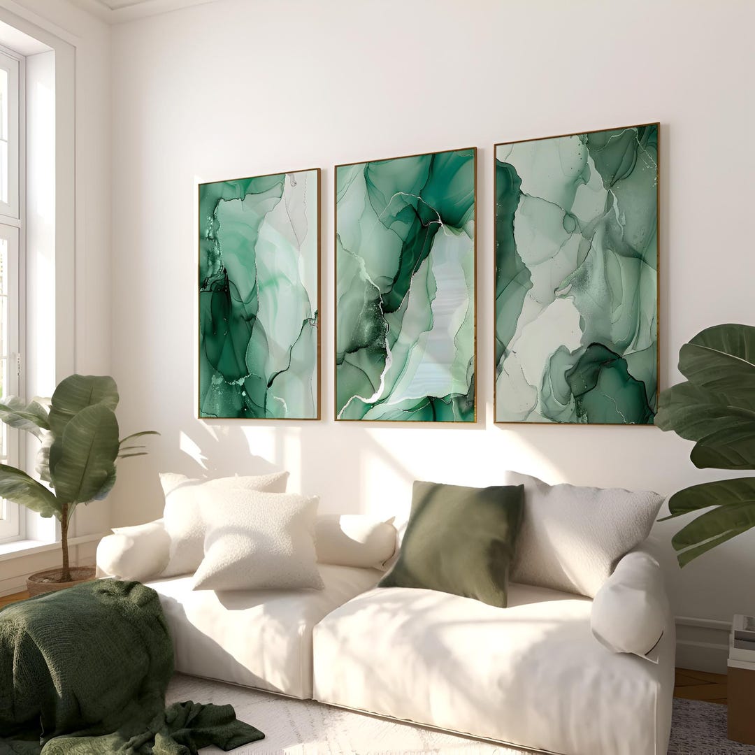 Green Bedroom Wall Prints, Marble Wall Prints, Set of 3 Posters ...