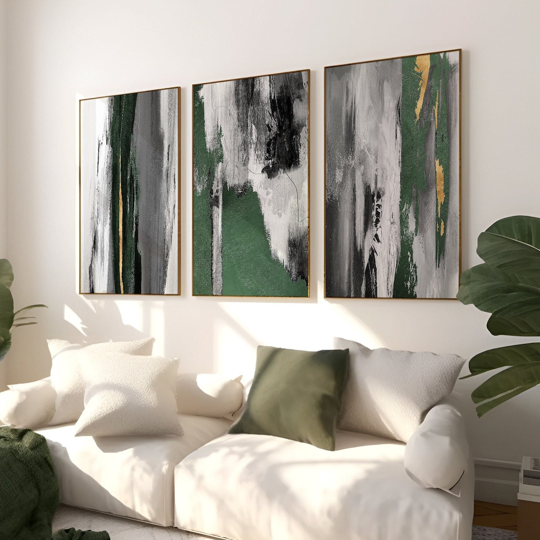 Abstract Art Set of 3 Prints, Black Green Grey Gold, Brush Strokes ...