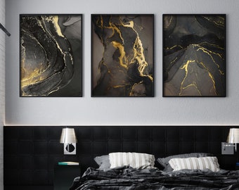 Set Of 3 Black and Gold Marble Prints, Marble Abstract Prints, Marble Ink Wall Art, Modern Art, Office Decor, Luxury Home Decor 638