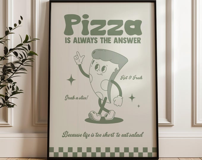 Retro Cartoon Pizza Print, Charming Retro style Pizza Print, Gift for Foodie, Pizza Lover Print, Food Print, Kitchen Wall Art 2544