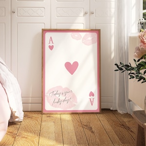 Stampa asso di cuori fortunato, arte da parete di carte da gioco retrò, poster con citazione ispiratrice, decorazione da parete di carte asso rosa, decorazione della camera preppy alla moda 2379