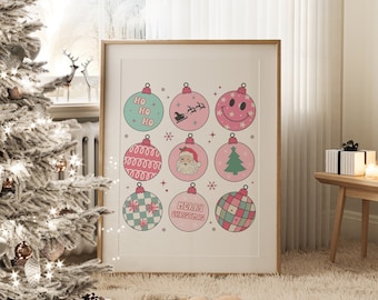 Christmas Baubles Art Print, Retro Christmas Wall Art Pink Christmas Decor, Pastel Christmas Decor Xmas Poster 1697