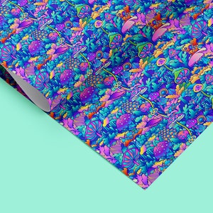 May include: A psychedelic pattern featuring colourful mushrooms and swirls on a blue background. This design is perfect for wrapping paper, fabric, or other creative projects.
