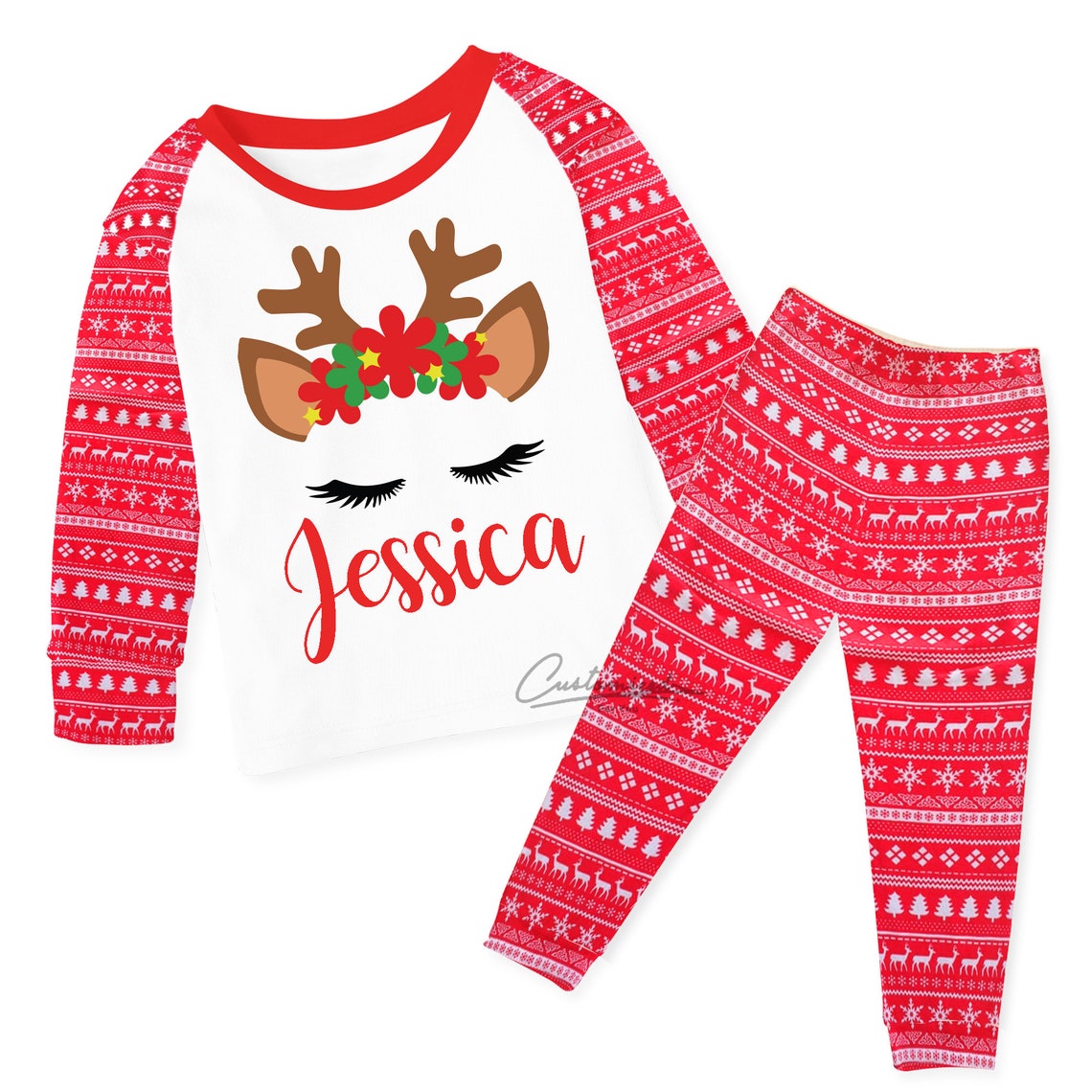 Personalised Reindeer Unicorn Christmas Pyjamas image 0