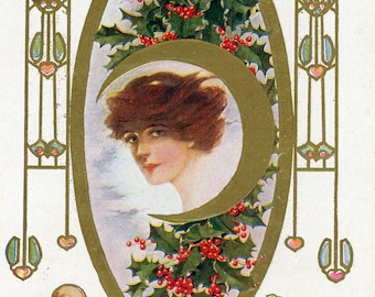 オリジナルアンティークヴィンテージクリスマスポストカード1918年アールヌーボー様式の女性の肖像画