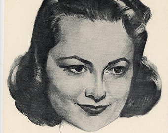 Olivia DeHavilland Vintage Charcoal Portrait Sketch, Vintage Print, The Heiress
