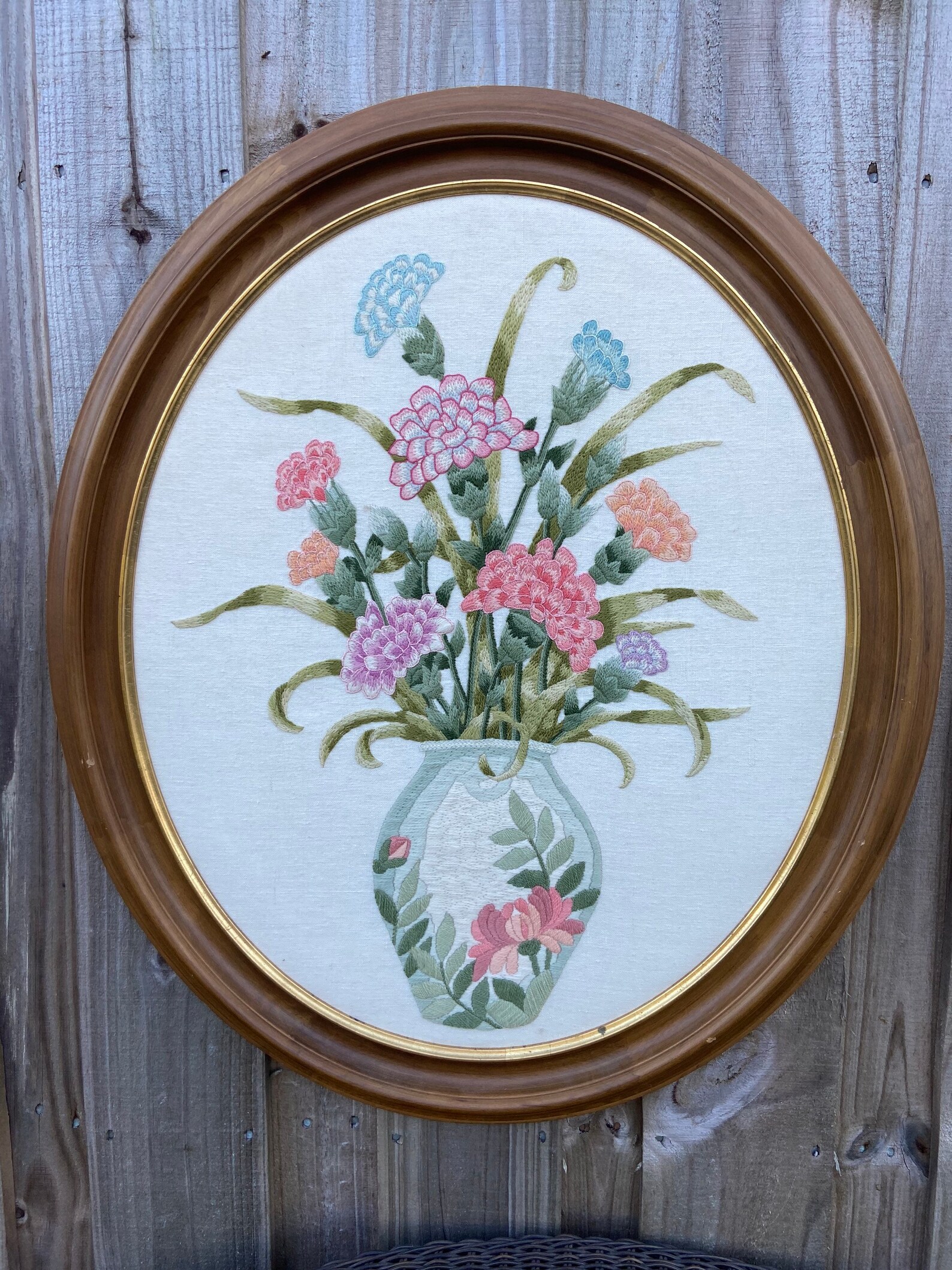 Large Vintage Crewel needlepoint wall art 28 inches oval Etsy