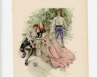 Grabado antiguo original de E. Harrison Fisher, litografía de 1909, triángulo amoroso victoriano, mosquetero.