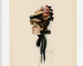 May include: An illustration of a woman in profile wearing a hat decorated with pink flowers and a black ribbon. The hat has a tan brim and a black crown. The woman has brown hair and a black ribbon around her neck.
