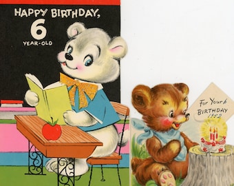 2 tarjetas de cumpleaños vintage de los años 50 para un niño de 6 años, Bears