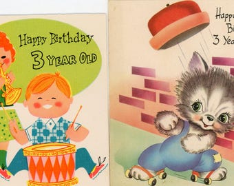 2 tarjetas de cumpleaños vintage de los años 50 para un niño de 3 años
