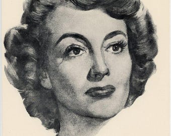 Joan Crawford Vintage Charcoal Portrait Sketch, Vintage Print,