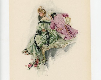 Antique original E Harrison Fisher Print, 1909 Lithograph, Victorian Women Man, French Man Woman