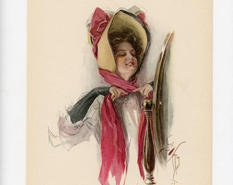 Antique Fashion Lithograph Print, E Harrison Fisher, 1909, Victorian woman looking in mirror, Huge Hat