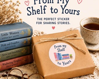 May include: A round sticker featuring a shelf with colorful books and a small potted plant, with the text From my Shelf to Yours. The sticker is placed on a brown paper-wrapped package tied with twine, next to a stack of four classic books.