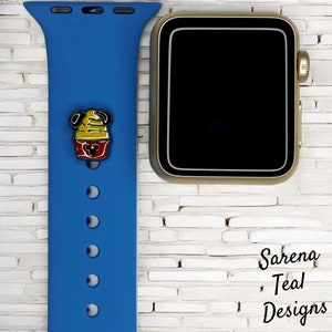 May include: A blue silicone Apple Watch band with a Mickey Mouse ice cream cone charm. The charm is yellow, red, and brown with a Mickey Mouse head on the front.
