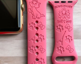 Correa para Apple Watch con grabado de "Marie" de Los Aristogatos, 24 colores, 38 mm, 40 mm, 41 mm, 42 mm, 44 mm, 45 mm, 46 mm y 49 mm, personalizada.