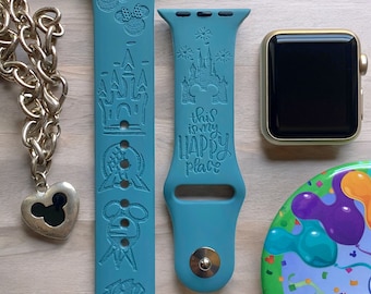 Grawerowany pasek do zegarka Apple Watch z motywem parków Disneya, 24 kolory, 38 mm 40 mm 41 mm 42 mm 44 mm 45 mm 46 mm 49 mm, spersonalizowany pasek do zegarka Apple Watch