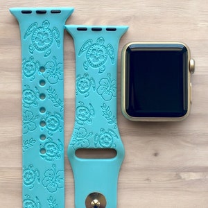 Hawaiian Turtle Engraved Apple Watch Band, 24 Colors, 38mm 40mm 41mm 42mm 44mm 45mm 46mm 49mm, Personalized Apple Watch Strap