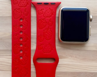 Strawberry Engraved Watch Band, 24 Colors, 38mm 40mm 41mm 42mm 44mm 45mm 46mm 49mm, Personalized  Strap