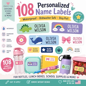 May include: A set of 108 personalized name labels featuring the name Olivia Wilson with various colorful graphics including a dinosaur, rainbow, whale, and bow. The labels are shown applied to a clear water bottle, a lunch box, a notebook, and pens.