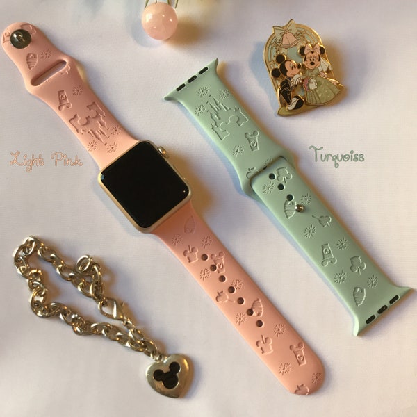 Mickey Snacks and Disney Castle Apple Watch Band – Personalized Engraved Watch Strap, Custom Disney Apple Watch Band, 24 Colors, All Sizes