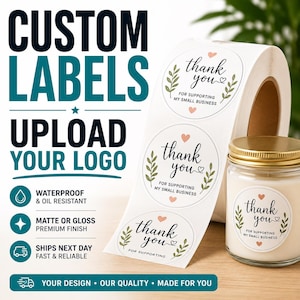 Custom Label Stickers on Roll Printed for your Products, Matte or Glossy, Waterproof, Circle BOPP Stickers. All Orders Ship for FREE