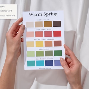 May include: A Warm Spring seasonal reference card featuring a grid of colour swatches organised by category including neutrals, pinks, reds, yellows, oranges, greens, blues, and purples. The card includes the text Warm Spring and TEALINSPIRATION.COM.