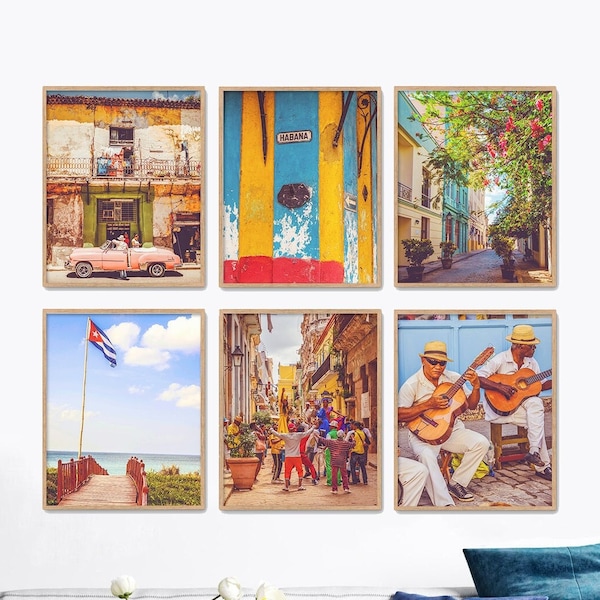 Vintage Cuba Themed Photographic Prints, Set of 6, UNFRAMED, Antique Car, Cuba, Havana, Coastal Wall Decor Art, All Sizes