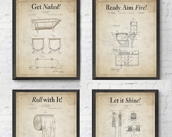 Bathroom Patent Wall Art Prints with Slogans, Set of 4, UNFRAMED, Vintage Toilet Photos, All Sizes