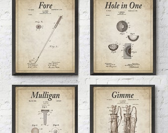 Golf Wall Art Prints with Slogans, Set of 4, UNFRAMED, Vintage golfer patents, All Sizes