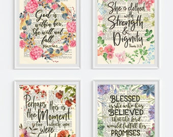 Bible Verse Favorites for Her Art Prints, Set of 4, UNFRAMED,Christian art gift,Proverbs 31:25, Luke 1 45, Esther 4 14, Psalm 46 5,All Sizes