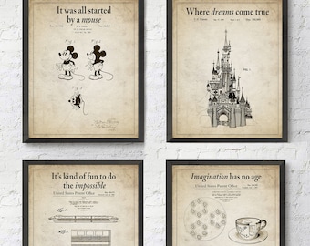 Disney Themed Patent Art Prints with Slogans, Set of 4,UNFRAMED, Mickey Mouse, Tea Cups, Cinderellas Castle, Monorail, Home Decor, All Sizes