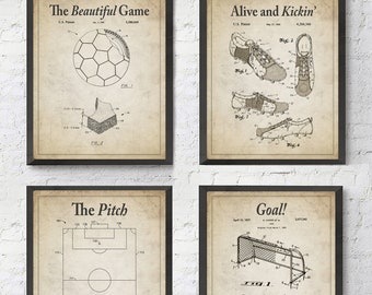 Vintage Soccer Patent Wall Art Prints with Slogans, Set of 4, UNFRAMED, Soccer ball, goal, the pitch, cleat patent wall art, All Sizes
