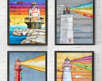 Faro Set Danny Phillips reproducción Art Prints, Conjunto de 4, UNFRAMED, Mezcla de medios Collage Home Wall Art Decor Cartel, Todos los tamaños