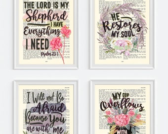Psalm 23 set, Set of 4, UNFRAMED, Vintage Bible Page Christian art gift, Home & wall decor, All Sizes