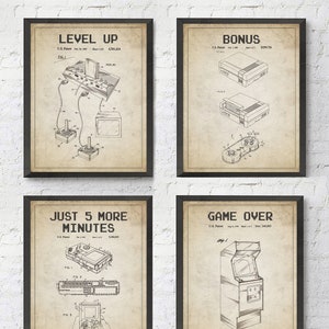 Gaming Gamer Wall Art Prints with Slogans, Set of 4, UNFRAMED, Vintage video game patents, All Sizes