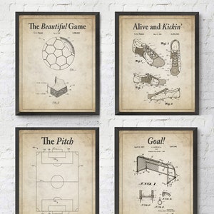 Vintage Soccer Patent Wall Art Prints with Slogans, Set of 4, UNFRAMED, Soccer ball, goal, the pitch, cleat patent wall art, All Sizes