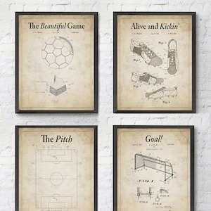 Vintage Soccer Patent Wall Art Prints with Slogans, Set of 4, UNFRAMED, Soccer ball, goal, the pitch, cleat patent wall art, All Sizes