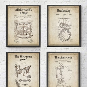 Theatre Wall Art Prints with Slogans, Set of 4, UNFRAMED, Vintage stage, spotlight, theater seat, curtain pulley patents, All Sizes