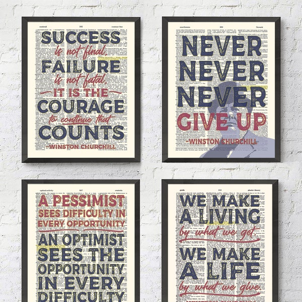 Winston Churchill quote Art Prints, Set of 4, UNFRAMED, Vintage Highlighted Dictionary Page Home & Wall Decor, All Sizes