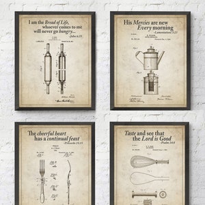 Vintage Kitchen Patent Bible Verse Christian  Art Prints, Set of 4,  John 6:35, Lamentations 3 23, Proverbs 15 15, Psalm 37 4, All Sizes