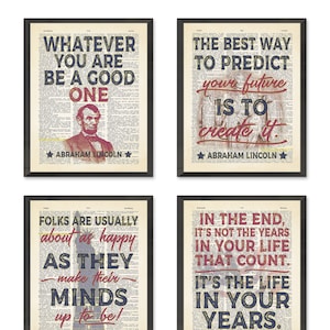 Abraham Lincoln quote Art Prints, Set of 4, UNFRAMED, Vintage Highlighted Dictionary Page Home & Wall Decor, All Sizes
